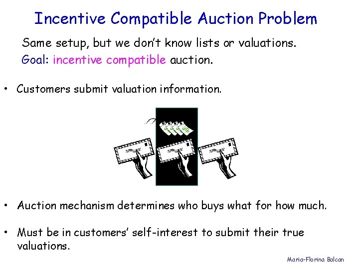 Incentive Compatible Auction Problem Same setup, but we don’t know lists or valuations. Goal: