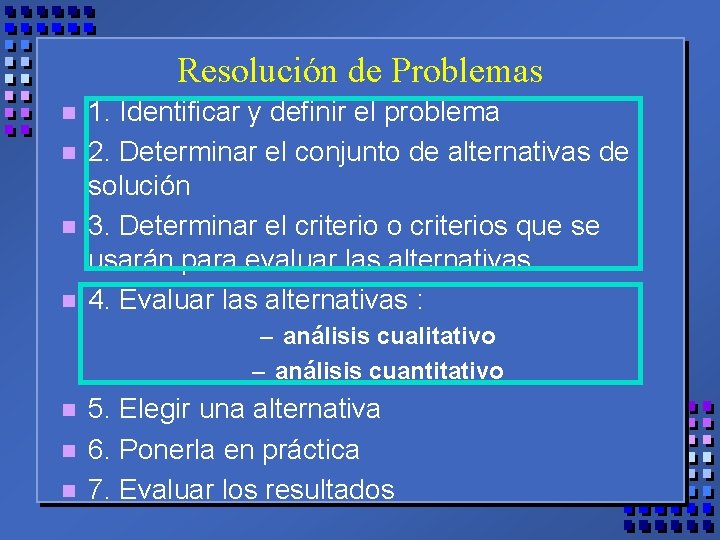 Resolución de Problemas n n 1. Identificar y definir el problema 2. Determinar el