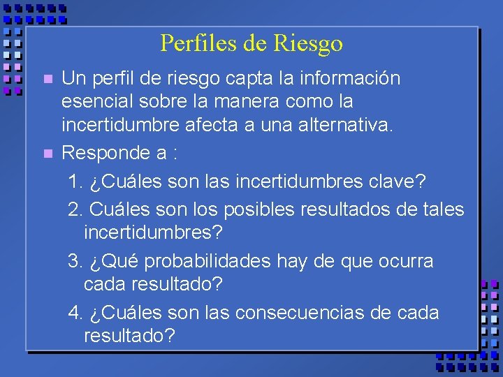 Perfiles de Riesgo n n Un perfil de riesgo capta la información esencial sobre