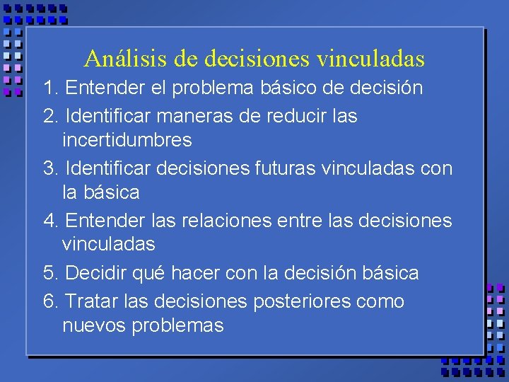 Análisis de decisiones vinculadas 1. Entender el problema básico de decisión 2. Identificar maneras