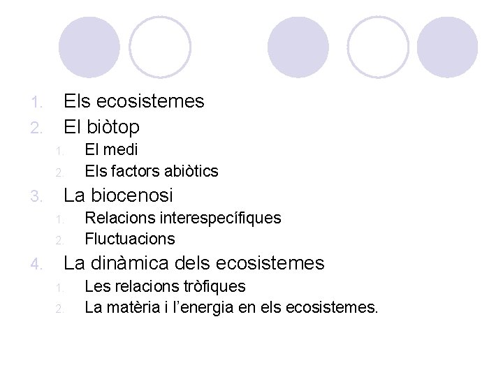 1. 2. Els ecosistemes El biòtop 1. 2. 3. La biocenosi 1. 2. 4.