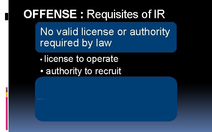 OFFENSE : Requisites of IR No valid license or authority required by law • OFFENSE : Requisites of IR No valid license or authority required by law •