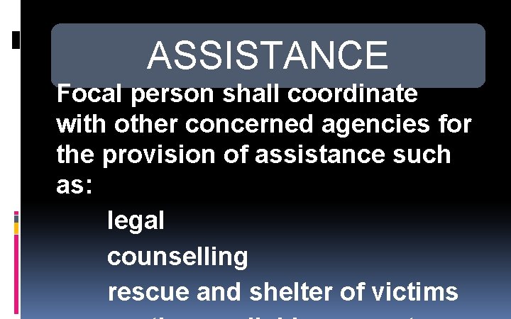 ASSISTANCE Focal person shall coordinate with other concerned agencies for the provision of assistance ASSISTANCE Focal person shall coordinate with other concerned agencies for the provision of assistance