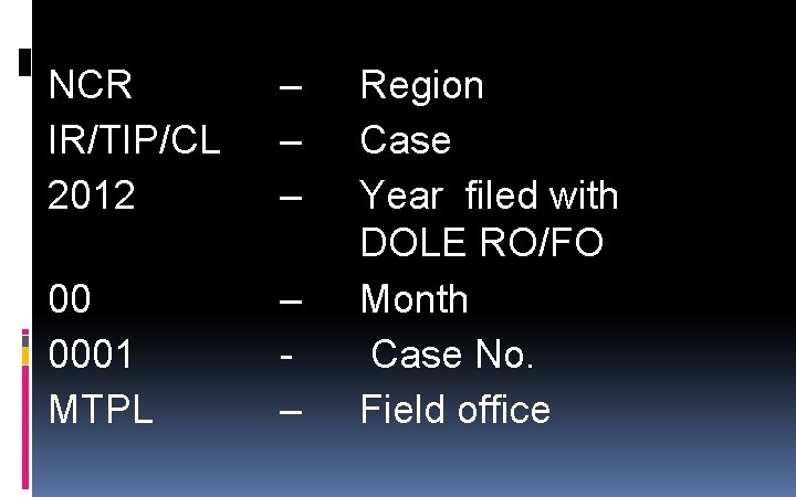 NCR IR/TIP/CL 2012 – – – 00 0001 MTPL – – Region Case Year NCR IR/TIP/CL 2012 – – – 00 0001 MTPL – – Region Case Year