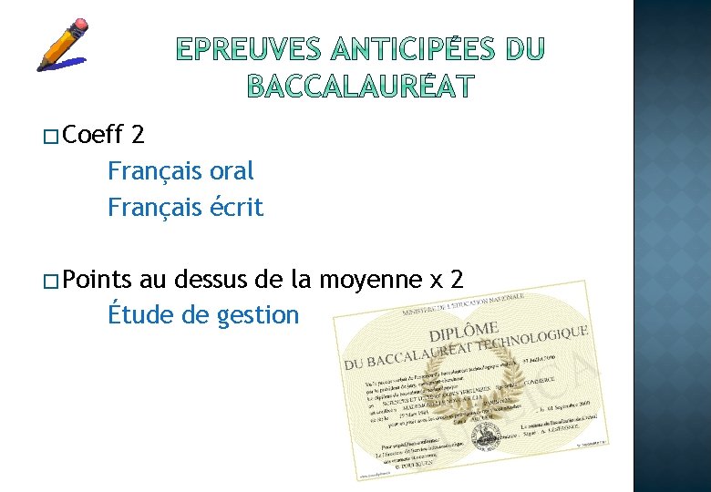 � Coeff 2 Français oral Français écrit � Points au dessus de la moyenne