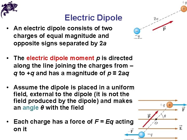 Electric Dipole • An electric dipole consists of two charges of equal magnitude and