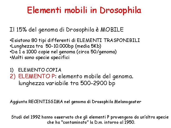 Elementi mobili in Drosophila Il 15% del genoma di Drosophila è MOBILE • Esistono Elementi mobili in Drosophila Il 15% del genoma di Drosophila è MOBILE • Esistono