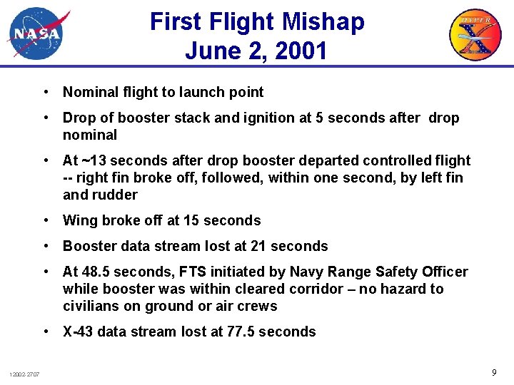 First Flight Mishap June 2, 2001 • Nominal flight to launch point • Drop