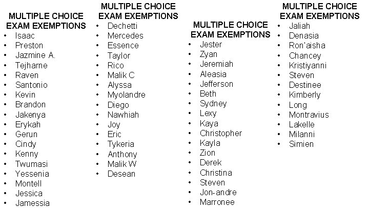 MULTIPLE CHOICE EXAM EXEMPTIONS • Isaac • Preston • Jazmine A. • Tejharne •