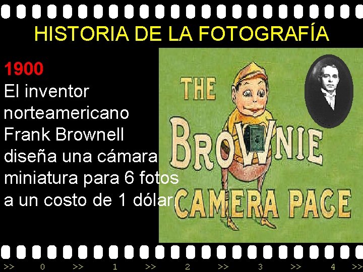 HISTORIA DE LA FOTOGRAFÍA 1900 El inventor norteamericano Frank Brownell diseña una cámara miniatura