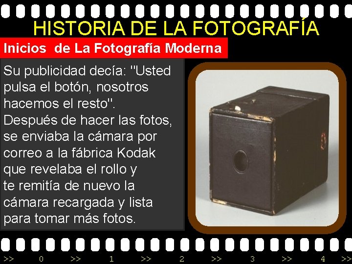 HISTORIA DE LA FOTOGRAFÍA Inicios de La Fotografía Moderna Su publicidad decía: "Usted pulsa