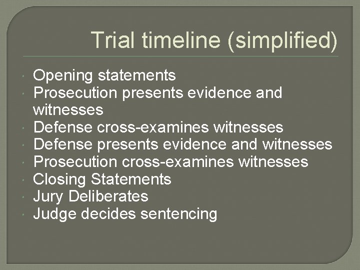 Trial timeline (simplified) Opening statements Prosecution presents evidence and witnesses Defense cross-examines witnesses Defense