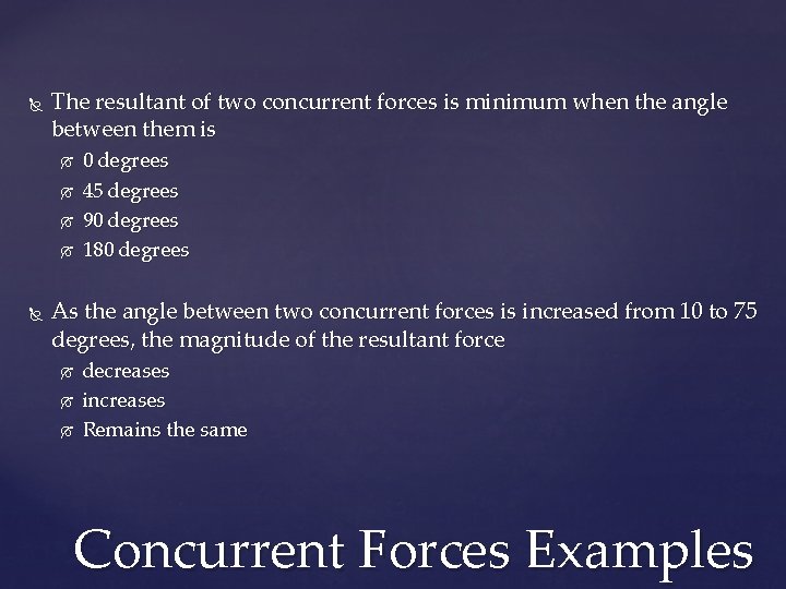  The resultant of two concurrent forces is minimum when the angle between them