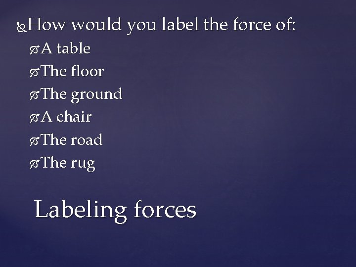 How would you label the force of: A table The floor The ground A
