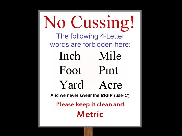 No Cussing! The following 4 -Letter words are forbidden here: Inch Foot Yard Mile