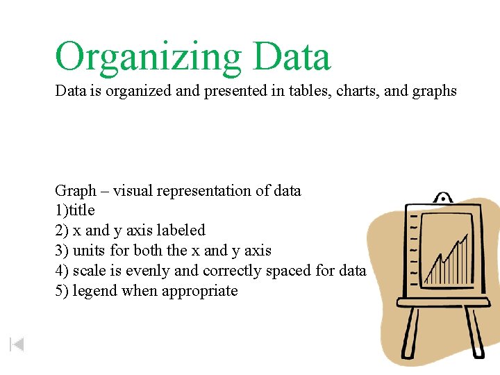 Organizing Data is organized and presented in tables, charts, and graphs Graph – visual