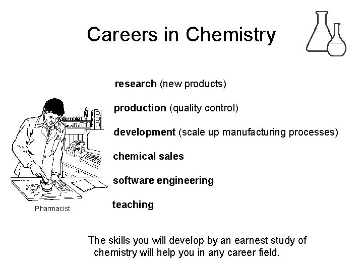 Careers in Chemistry research (new products) production (quality control) development (scale up manufacturing processes)
