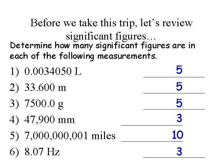 Before we take this trip, let’s review significant figures… Determine how many significant figures