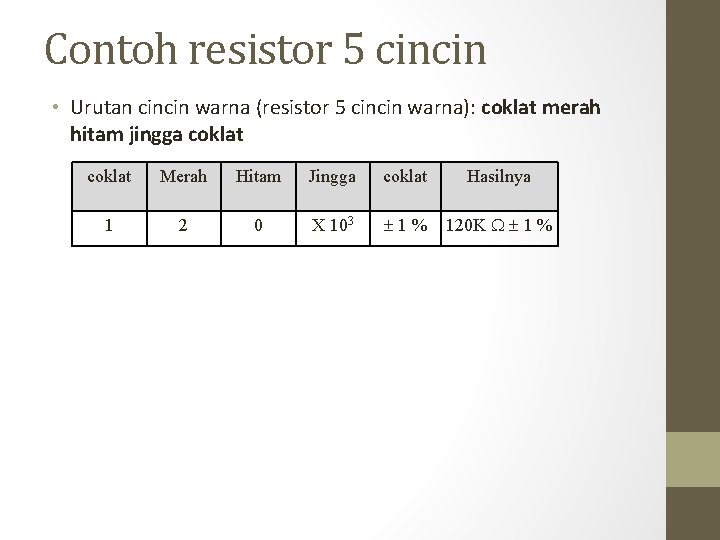 Contoh resistor 5 cincin • Urutan cincin warna (resistor 5 cincin warna): coklat merah