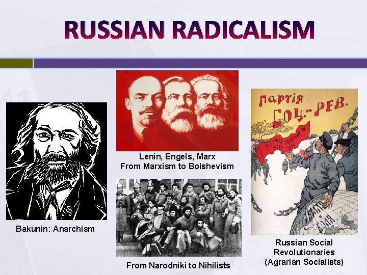 RUSSIAN RADICALISM Lenin, Engels, Marx From Marxism to Bolshevism Bakunin: Anarchism From Narodniki to