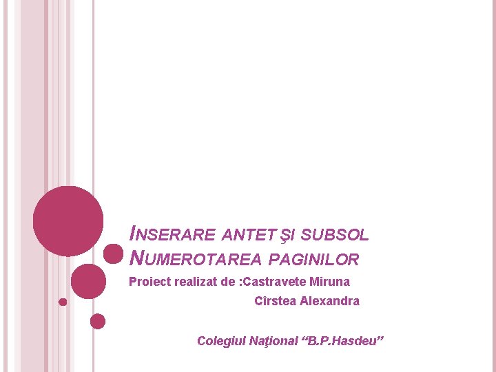 INSERARE ANTET ŞI SUBSOL NUMEROTAREA PAGINILOR Proiect realizat de : Castravete Miruna Cîrstea Alexandra