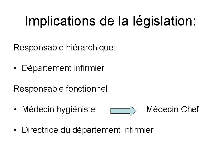 Implications de la législation: Responsable hiérarchique: • Département infirmier Responsable fonctionnel: • Médecin hygiéniste Implications de la législation: Responsable hiérarchique: • Département infirmier Responsable fonctionnel: • Médecin hygiéniste