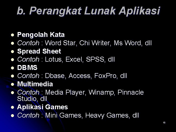 b. Perangkat Lunak Aplikasi l l l l l Pengolah Kata Contoh : Word