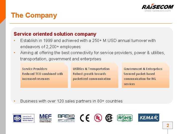 www. raisecom. com The Company Service oriented solution company • • Establish in 1999 www. raisecom. com The Company Service oriented solution company • • Establish in 1999