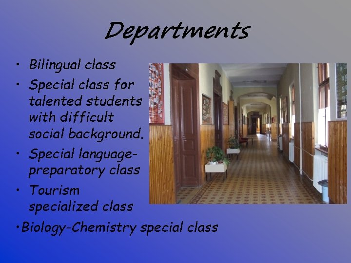 Departments • Bilingual class • Special class for talented students with difficult social background.