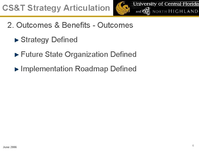 CS&T Strategy Articulation 2. Outcomes & Benefits - Outcomes Strategy Defined Future State Organization