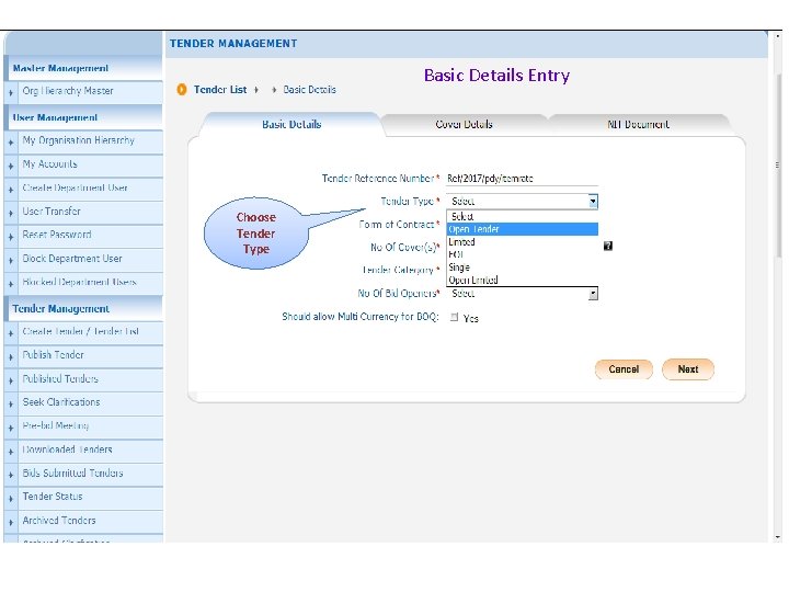 Basic Details Entry Choose Tender Type 