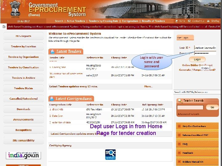 Login with user name and password Dept user Logs in from Home Page for