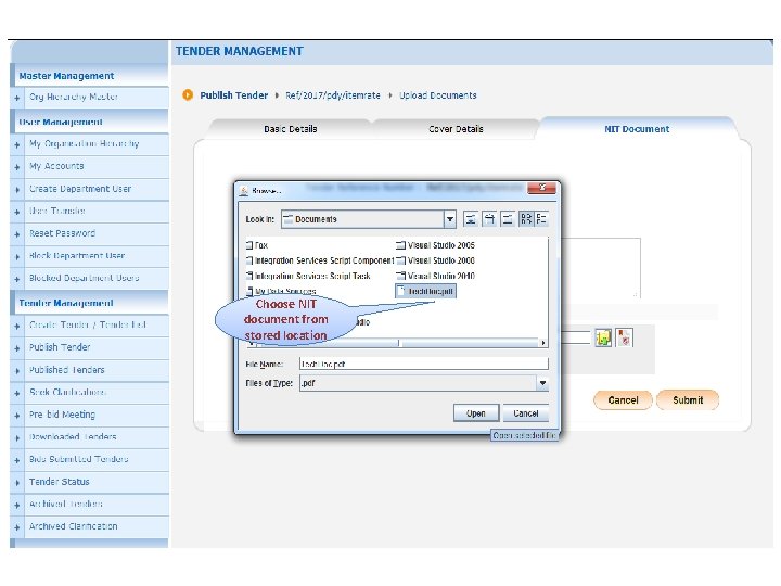 Choose NIT document from stored location 