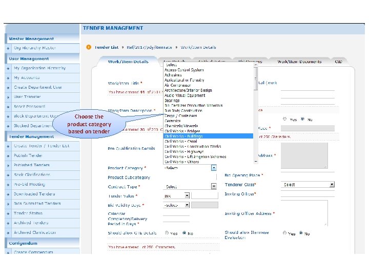 Choose the product category based on tender 