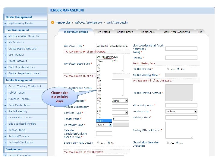 Choose the bid validity days 