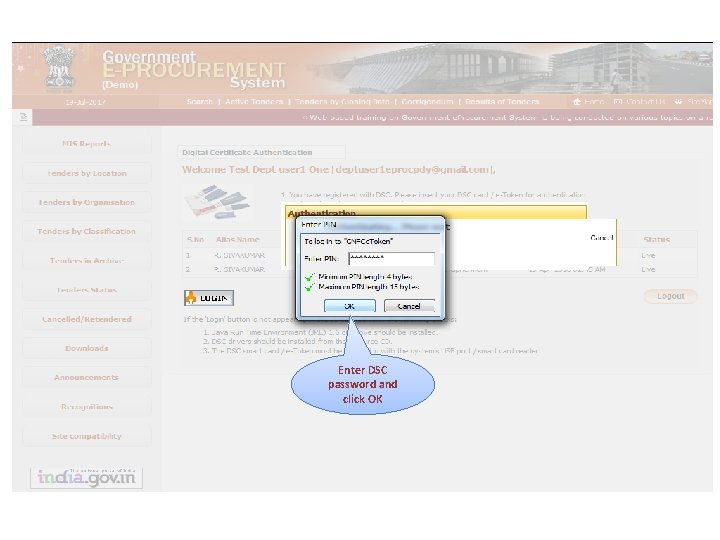 Enter DSC password and click OK 