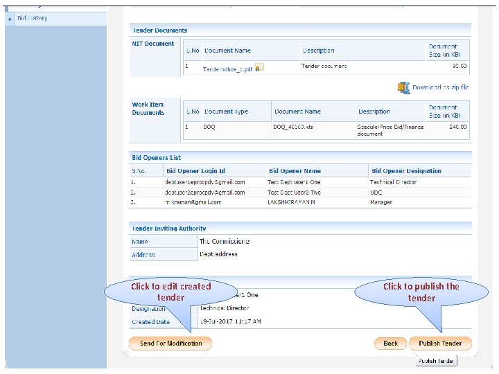 Click to edit created tender Click to publish the tender 
