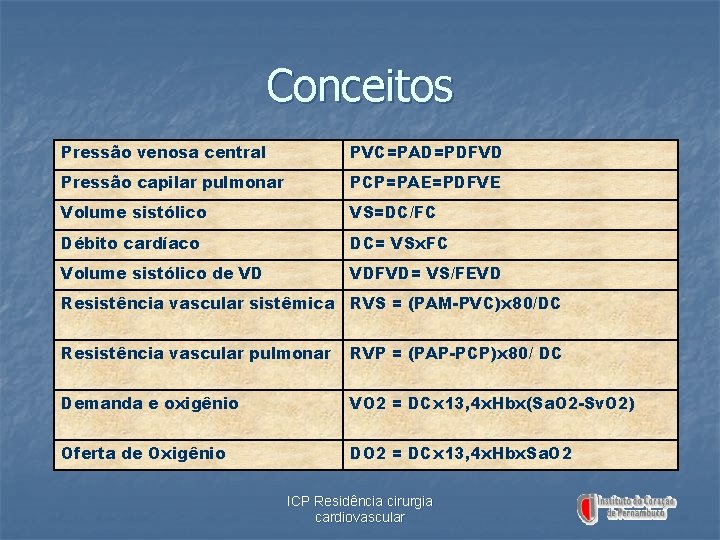 Conceitos Pressão venosa central PVC=PAD=PDFVD Pressão capilar pulmonar PCP=PAE=PDFVE Volume sistólico VS=DC/FC Débito cardíaco