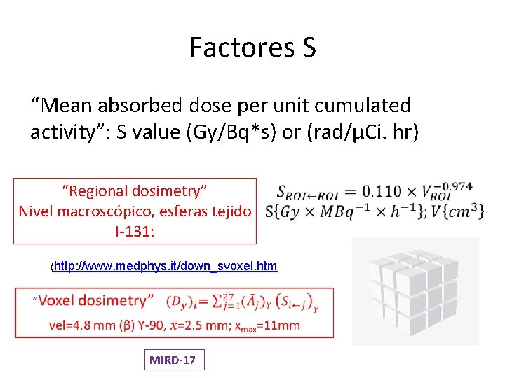 Factores S “Mean absorbed dose per unit cumulated activity”: S value (Gy/Bq*s) or (rad/μCi.