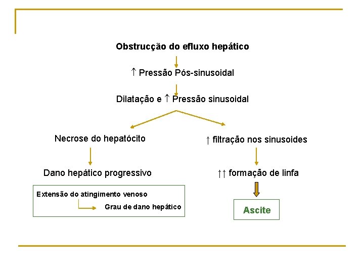 Obstrucção do efluxo hepático Pressão Pós sinusoidal Dilatação e Pressão sinusoidal Necrose do hepatócito