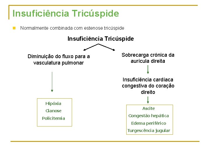Insuficiência Tricúspide n Normalmente combinada com estenose tricúspide Insuficiência Tricúspide Diminuição do fluxo para