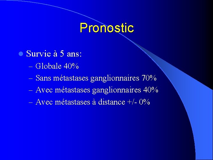 Pronostic l Survie à 5 ans: – Globale 40% – Sans métastases ganglionnaires 70%