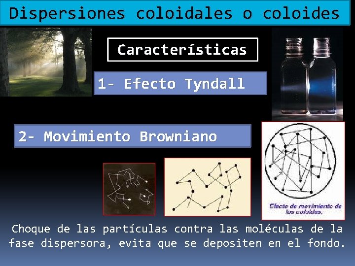 Dispersiones coloidales o coloides Características 1 - Efecto Tyndall 2 - Movimiento Browniano Choque