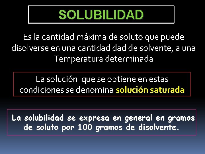 SOLUBILIDAD Es la cantidad máxima de soluto que puede disolverse en una cantidad de