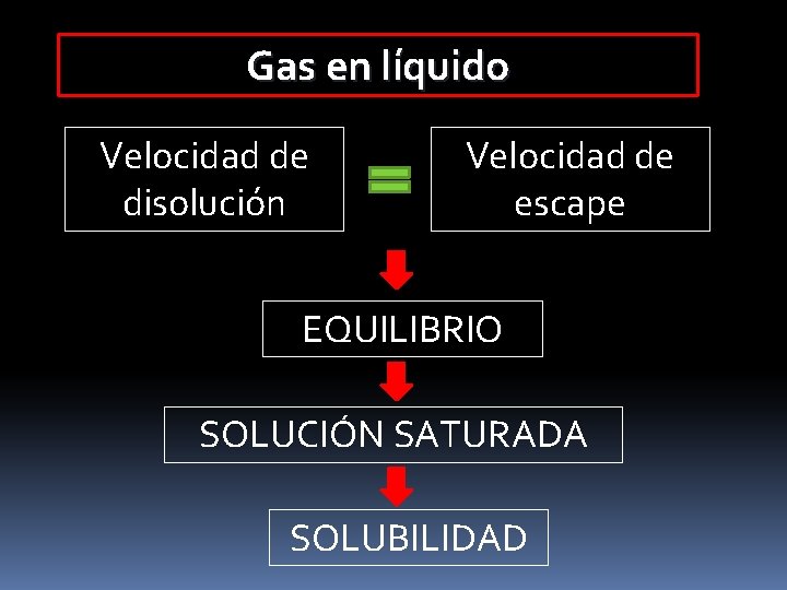 Gas en líquido Velocidad de disolución Velocidad de escape EQUILIBRIO SOLUCIÓN SATURADA SOLUBILIDAD 