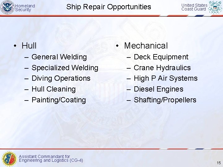 Homeland Security Ship Repair Opportunities • Hull – – – General Welding Specialized Welding