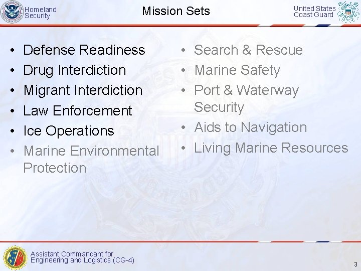 Homeland Security • • • Mission Sets Defense Readiness Drug Interdiction Migrant Interdiction Law