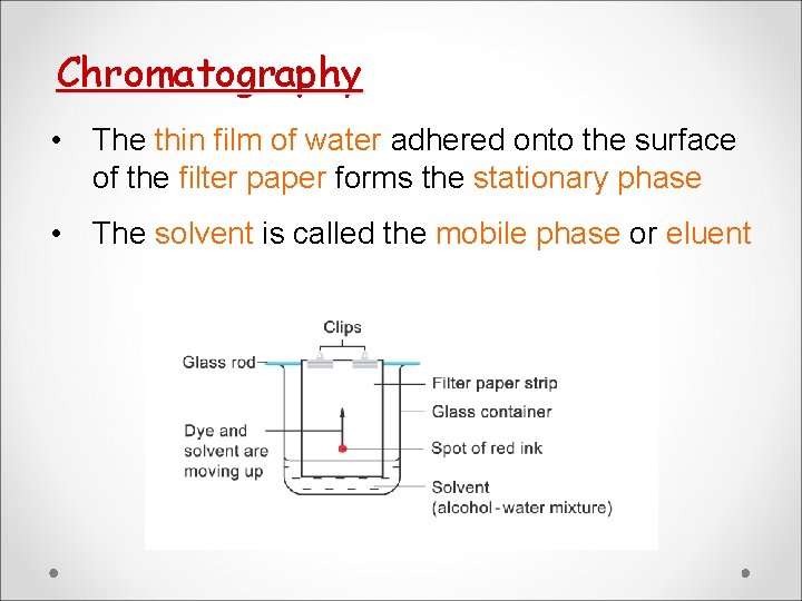 Chromatography • The thin film of water adhered onto the surface of the filter Chromatography • The thin film of water adhered onto the surface of the filter