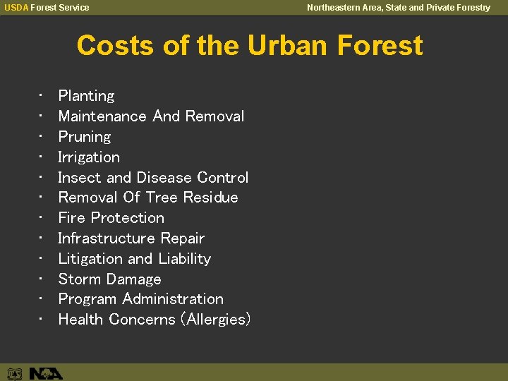 USDA Forest Service Northeastern Area, State and Private Forestry Costs of the Urban Forest