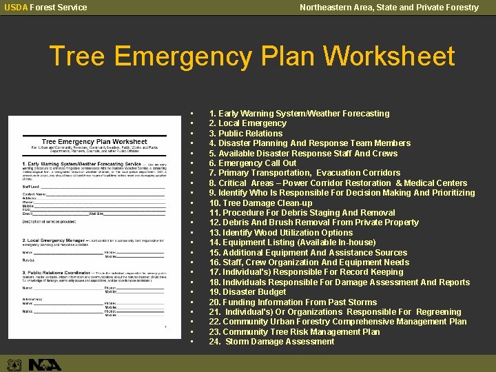 USDA Forest Service Northeastern Area, State and Private Forestry Tree Emergency Plan Worksheet •